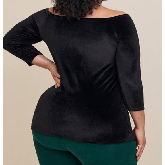Torrid black Stretch Velvet Shirred Front Off The Shoulder Top - Picture 2 of 9